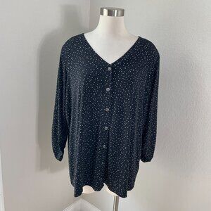 Susan Graver Womens Plus 2X Black White Polka Dot V Neck Tunic Top Blouse Liquid